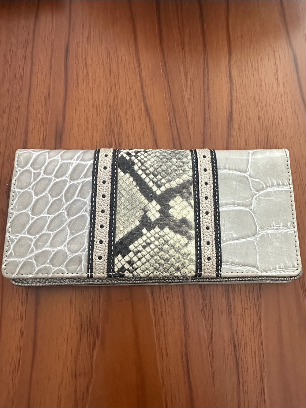 Brahmin Nova taupe gray snake embossed wallet